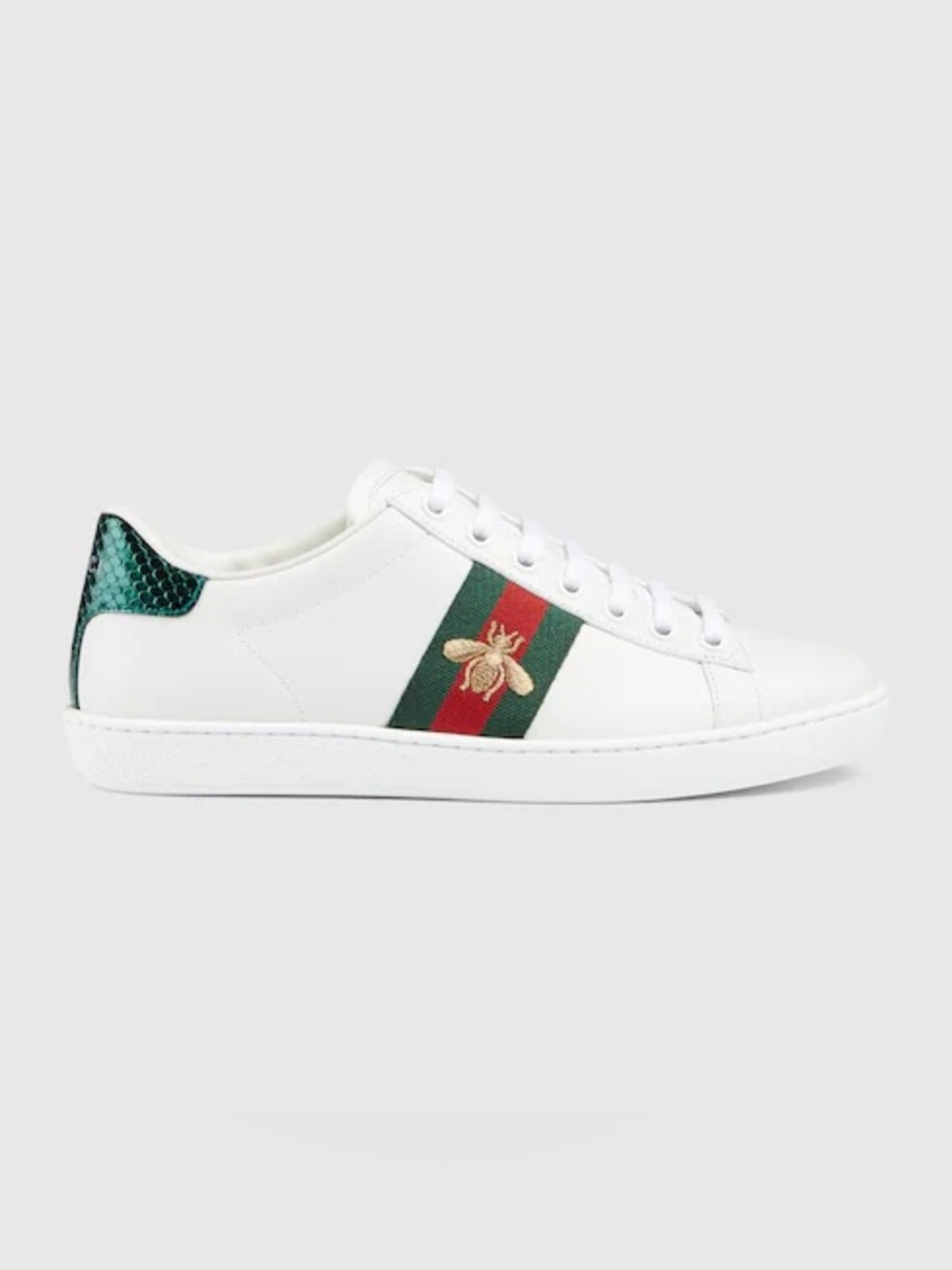 Gucci White Leather Sneakers with Green and Red Web and Gold Bee